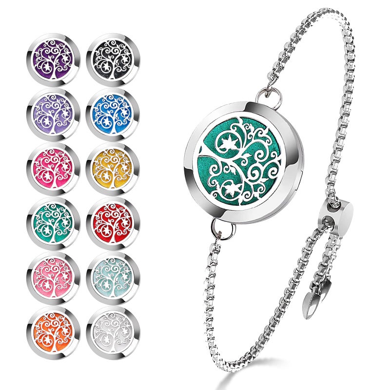 ttstar Essential Oil Diffuser Bracelet Stainless Steel Aromatherapy Locket Adjustable Diffuser Bracelet with 24pcs Refill Pads in 12 Assorted Colors Gift Set for Women(Tree of Hope) - Image 1